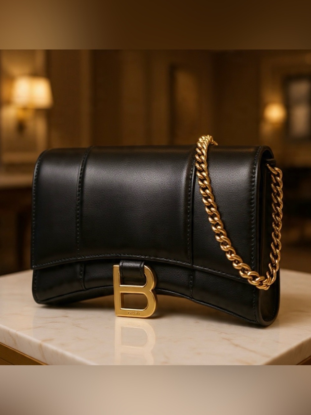 BALENCIAGA Hourglass Crossbody /Antique Gold Chain In Black Calfskin Leather NWT - Picture 16 of 16